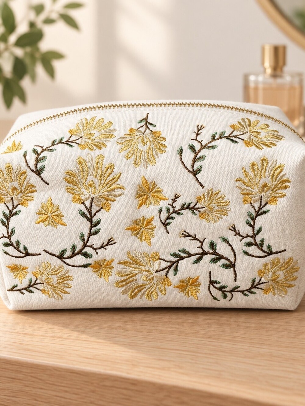 Ivory Floral Embroidered Canvas Cosmetic Makeup Travel Bag Organizer 8x5